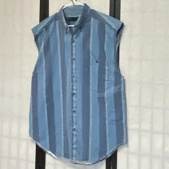 Vintage Santana Blue Sleeveless Button Front Vertical Stripe Shirt L Casual - Picture 4 of 13